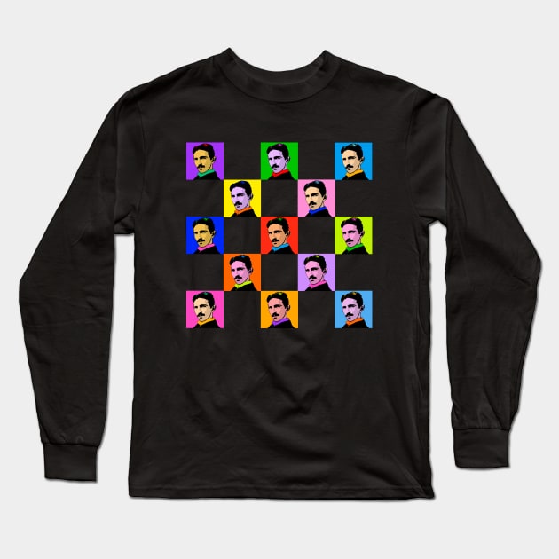 Nikola Tesla Pop Art Tiles Design Long Sleeve T-Shirt by Nirvanax Studio